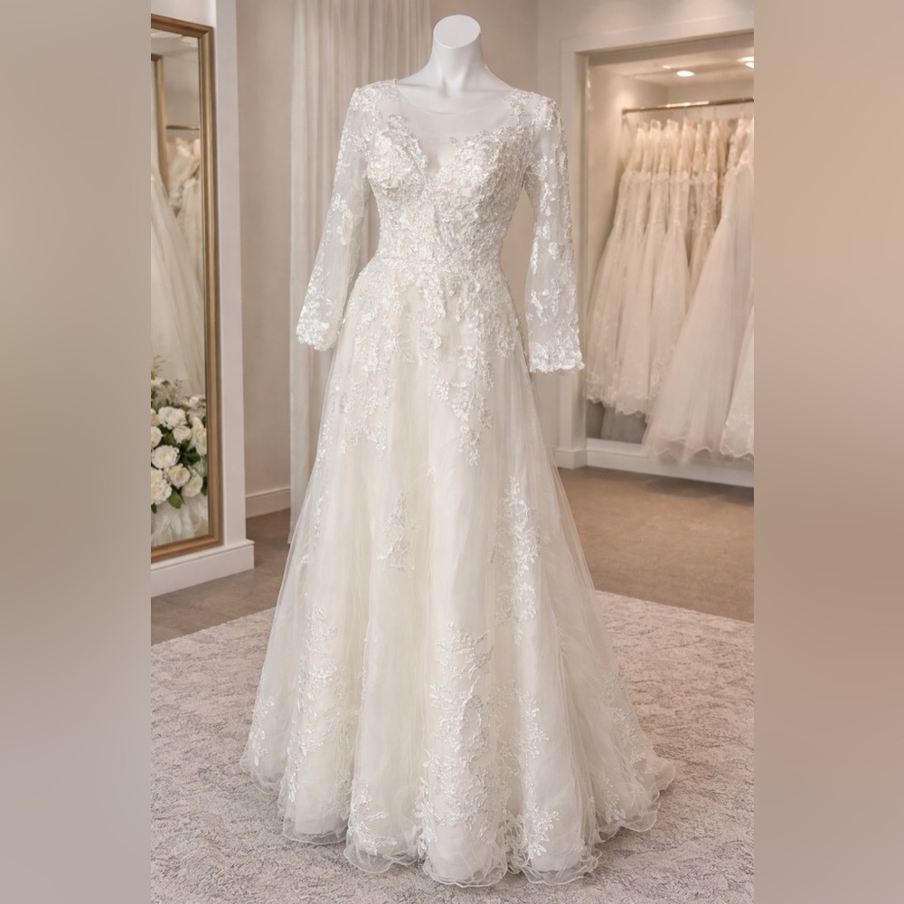 Ivory Wedding Gown 16 Floral Lace Appliqué Long Sleeve Tulle Bridal Dress NWOT